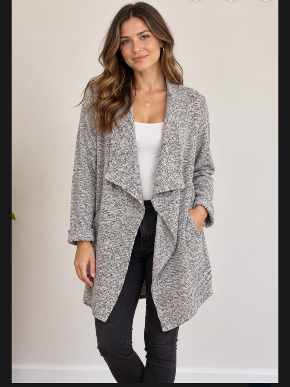 H&M Basic Grey Marled Open Front Waterfall Cardigan XS/S Oversized